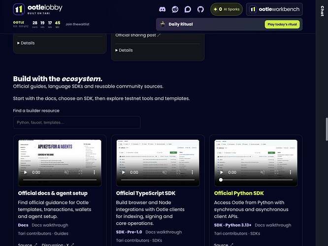 Live builder resources with search and official guides and SDK cards
