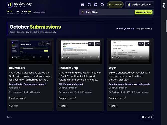 Live October Submissions section featuring Hauntboard, Phantom Drop, and Crypt