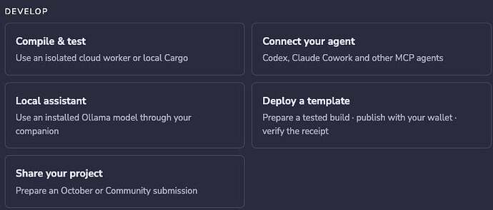 Actual Workbench Develop panel with build, agent, assistant, deployment, and sharing entry points